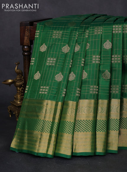 Pure kanchipuram silk saree green with allover zari checks & buttas and long rich zari woven border