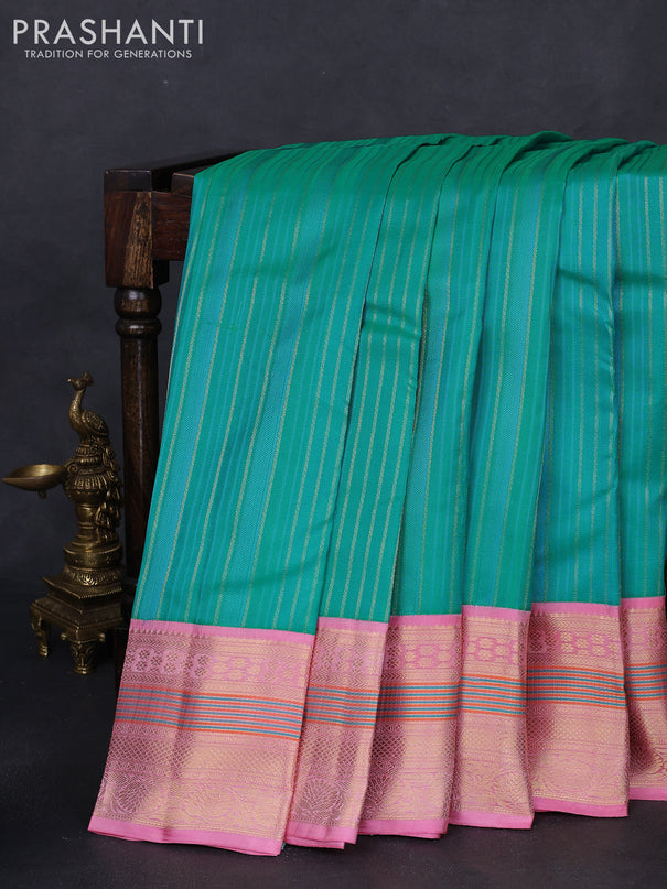 Pure kanchipuram silk saree teal green shade and light pink with allover self emboss & zari weaves and zari woven korvai border