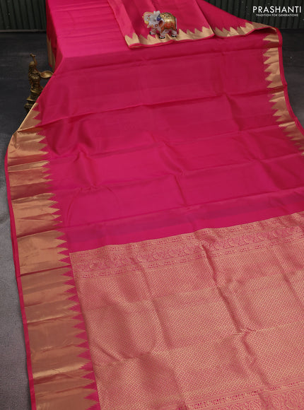 Pure kanchipuram silk saree pink with plain body and temple design zari woven border
