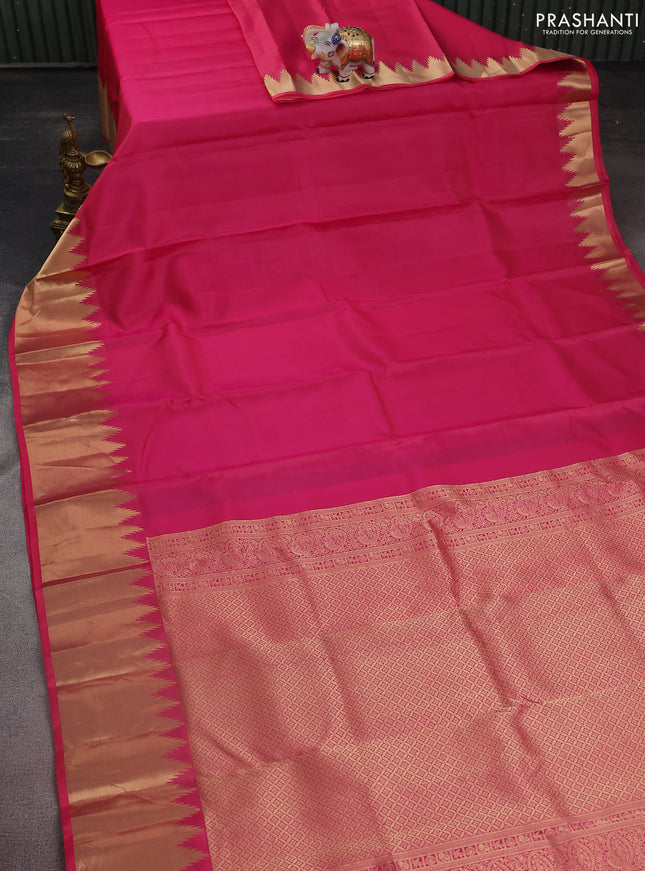 Pure kanchipuram silk saree pink with plain body and temple design zari woven border