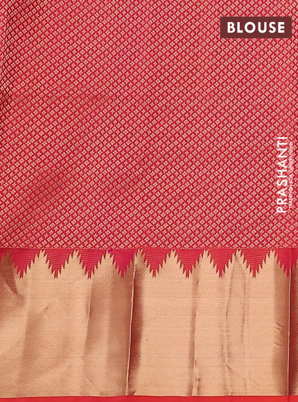Pure kanchipuram silk saree dual shade of pinkish orange with plain body and temple design zari woven border