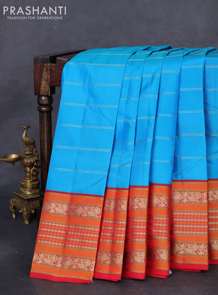 Pure kanchipuram silk saree cs blue and red with allover zari stripes pattern and long zari woven border