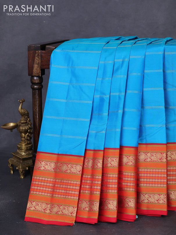Pure kanchipuram silk saree cs blue and red with allover zari stripes pattern and long zari woven border