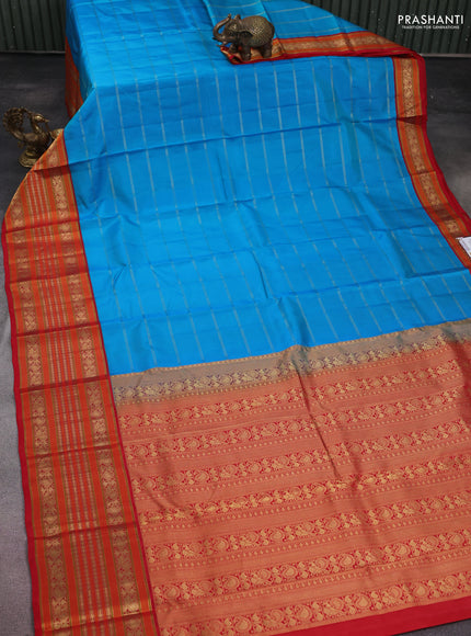 Pure kanchipuram silk saree cs blue and red with allover zari stripes pattern and long zari woven border