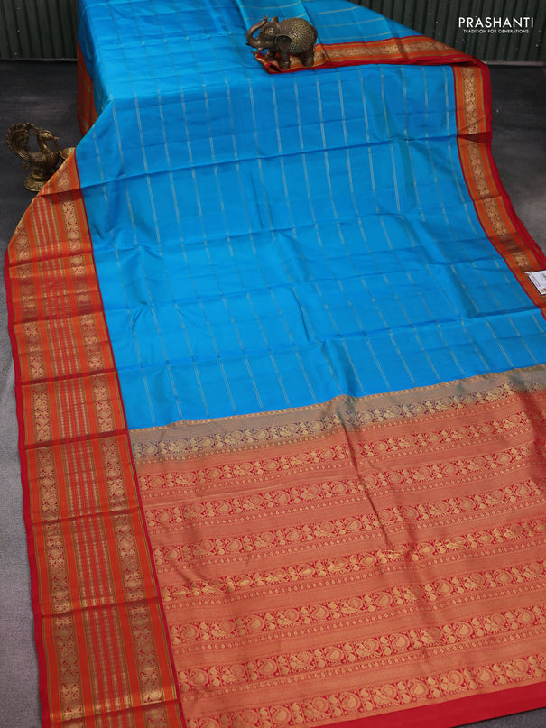 Pure kanchipuram silk saree cs blue and red with allover zari stripes pattern and long zari woven border