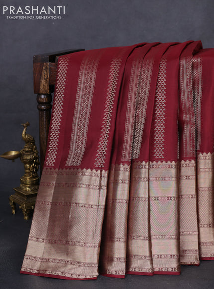Pure kanchipuram silk saree maroon and peach pink with allover zari weaves and long zari woven border