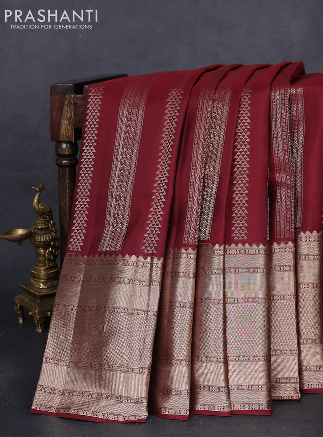 Pure kanchipuram silk saree maroon and peach pink with allover zari weaves and long zari woven border