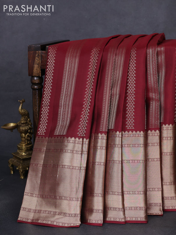 Pure kanchipuram silk saree maroon and peach pink with allover zari weaves and long zari woven border