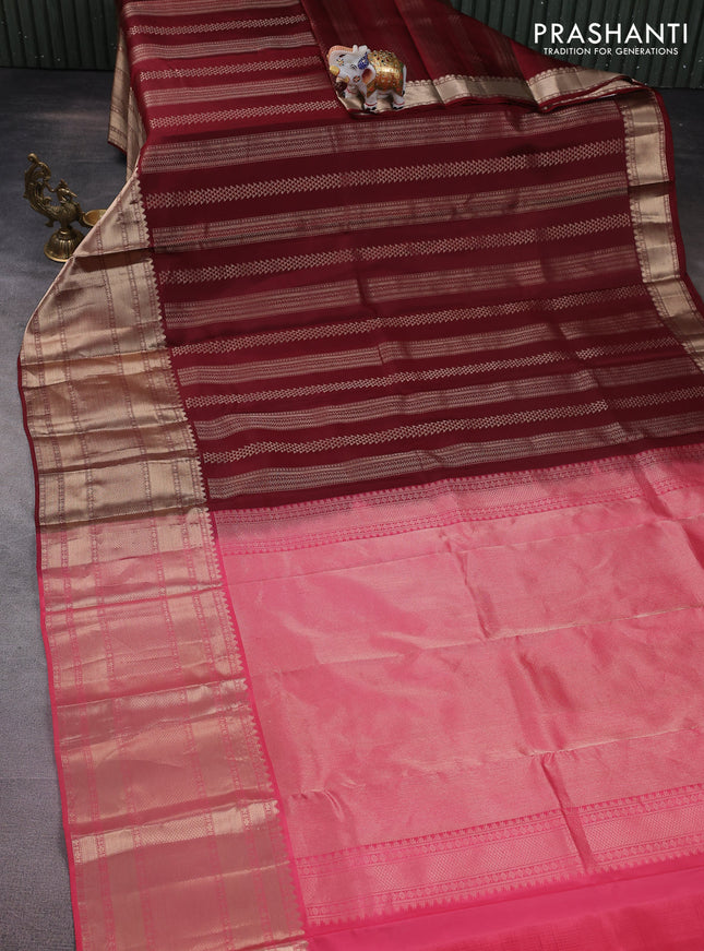 Pure kanchipuram silk saree maroon and peach pink with allover zari weaves and long zari woven border