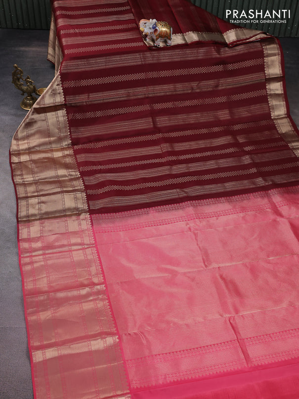 Pure kanchipuram silk saree maroon and peach pink with allover zari weaves and long zari woven border
