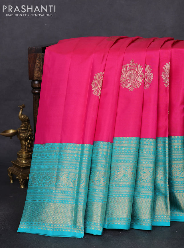 Pure kanchipuram silk saree pink and teal blue with zari woven buttas and long zari woven korvai border