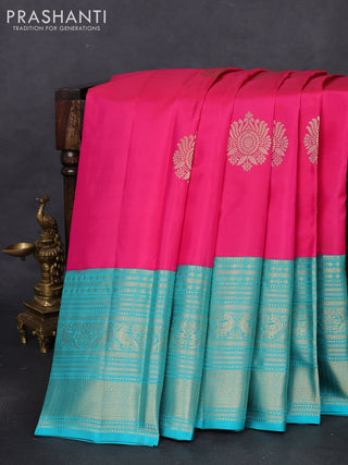 Pure kanchipuram silk saree pink and teal blue with zari woven buttas and long zari woven korvai border