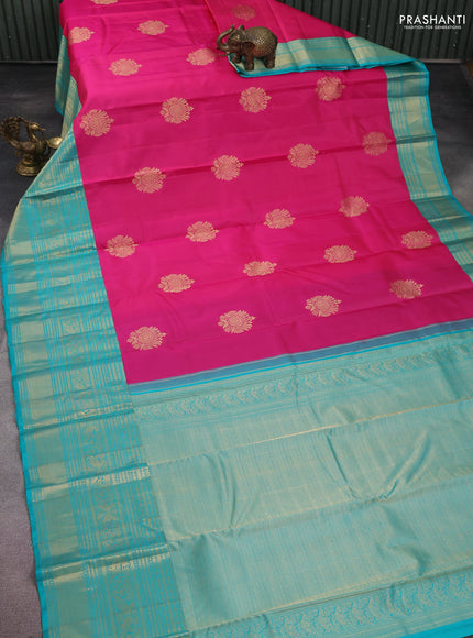 Pure kanchipuram silk saree pink and teal blue with zari woven buttas and long zari woven korvai border
