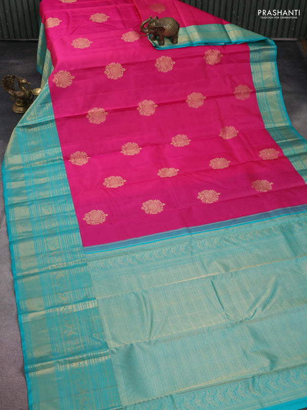 Pure kanchipuram silk saree pink and teal blue with zari woven buttas and long zari woven korvai border