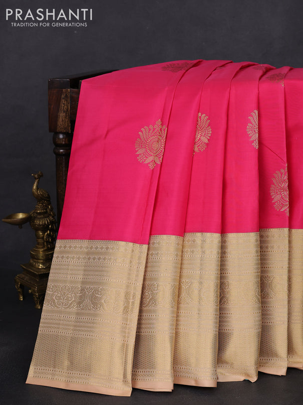 Pure kanchipuram silk saree peach pink and sandal with zari woven buttas and long zari woven korvai border