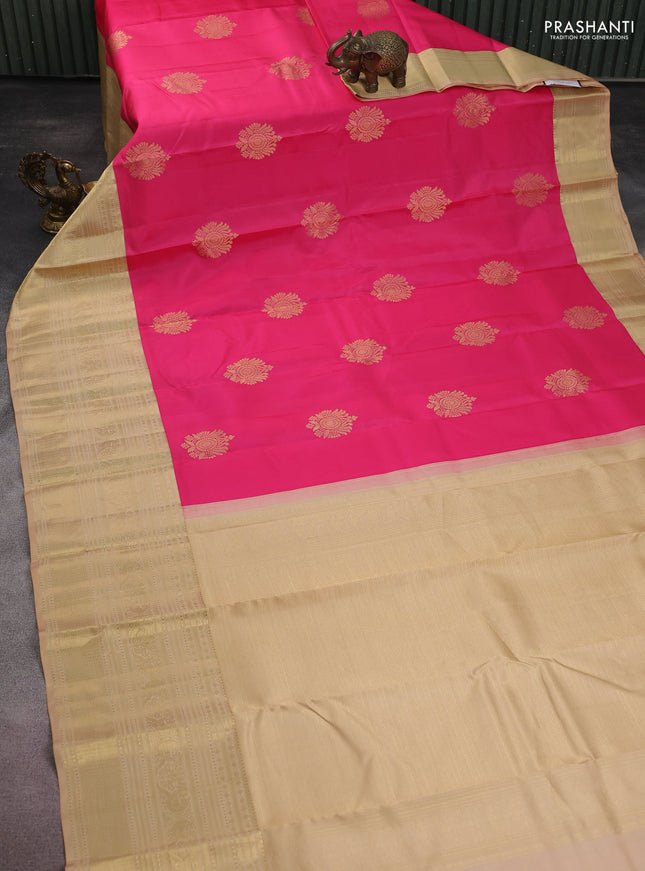 Pure kanchipuram silk saree peach pink and sandal with zari woven buttas and long zari woven korvai border