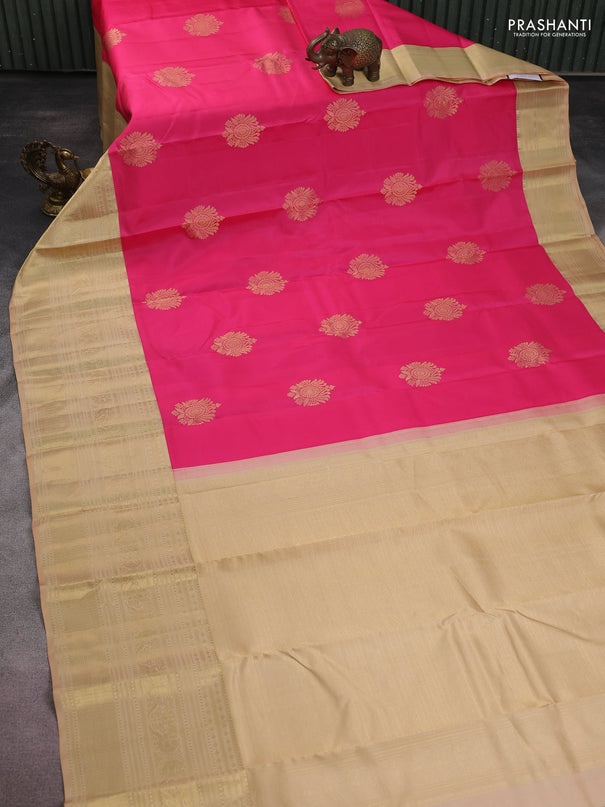 Pure kanchipuram silk saree peach pink and sandal with zari woven buttas and long zari woven korvai border