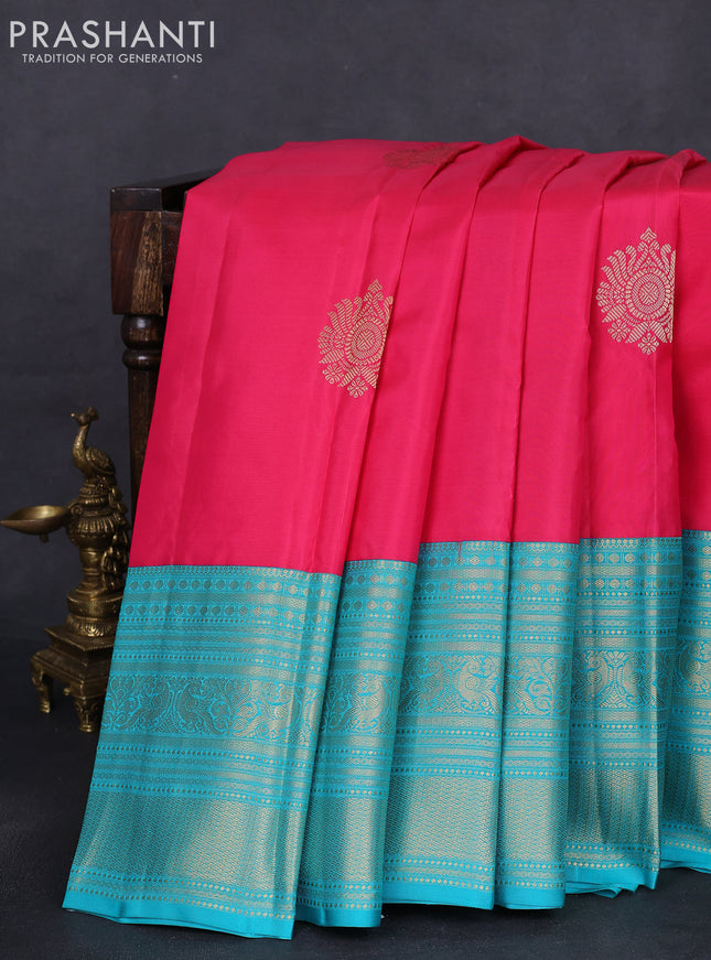 Pure kanchipuram silk saree pink and teal blue with zari woven buttas and long zari woven korvai border