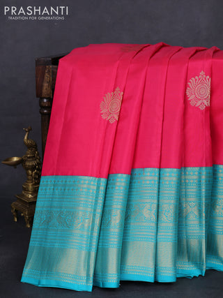Pure kanchipuram silk saree pink and teal blue with zari woven buttas and long zari woven korvai border