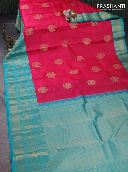 Pure kanchipuram silk saree pink and teal blue with zari woven buttas and long zari woven korvai border
