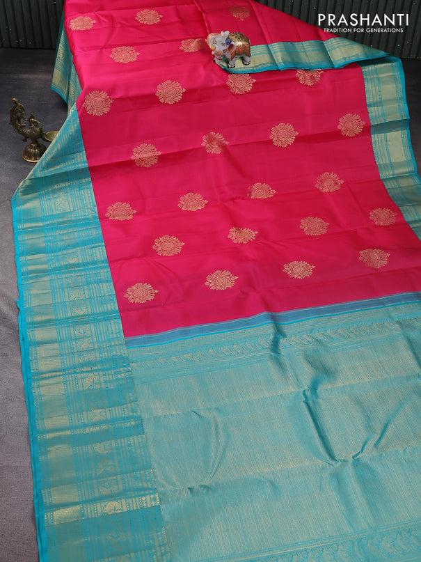 Pure kanchipuram silk saree pink and teal blue with zari woven buttas and long zari woven korvai border