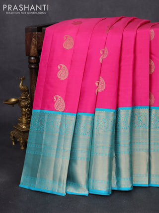 Pure kanchipuram silk saree candy pink and teal blue with paisley zari woven buttas and long annam zari woven korvai border