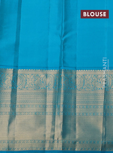 Pure kanchipuram silk saree candy pink and teal blue with paisley zari woven buttas and long annam zari woven korvai border