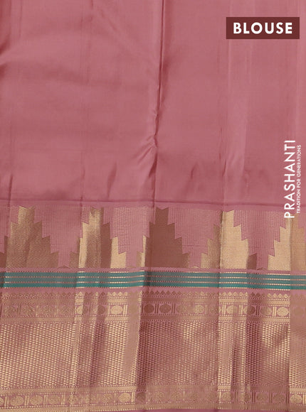 Pure kanchipuram silk saree purple and pastel peach with paisley zari woven buttas and long temple design zari woven korvai border