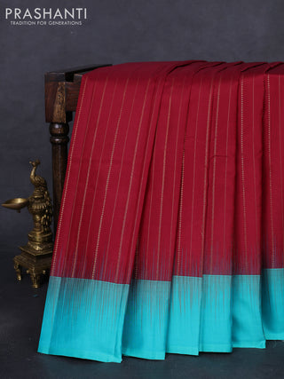 Pure kanchipuram silk saree maroon and teal blue with allover zari weaves and simple border