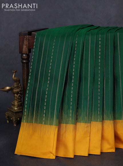 Pure kanchipuram silk saree green and mustard yellow with allover zari weaves and simple border