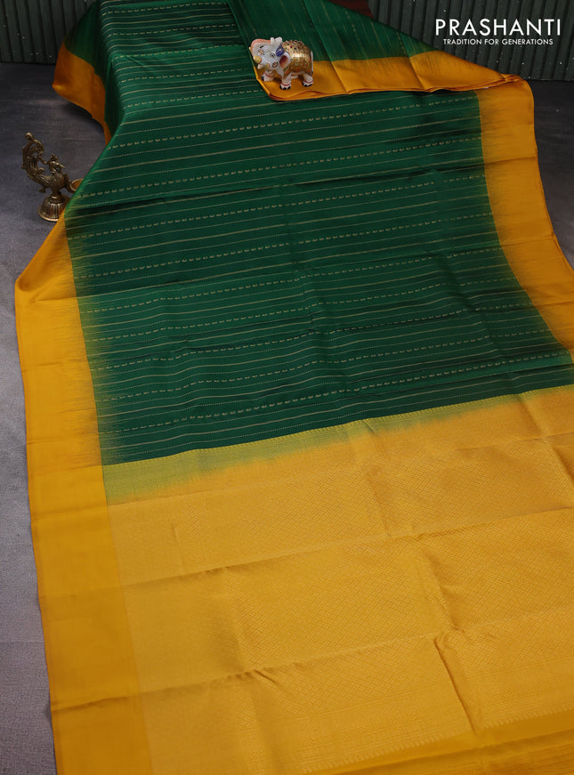 Pure kanchipuram silk saree green and mustard yellow with allover zari weaves and simple border