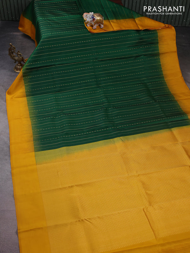 Pure kanchipuram silk saree green and mustard yellow with allover zari weaves and simple border
