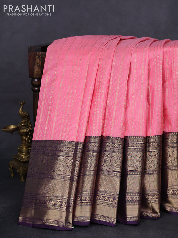 Pure kanchipuram silk saree peach pink and wine shade with allover zari weaves and long zari woven korvai border