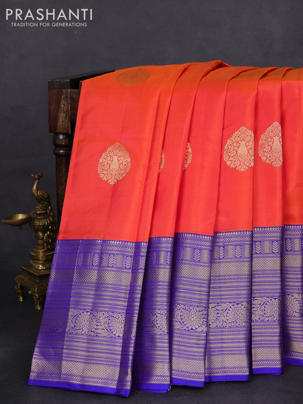 Pure kanchipuram silk saree dual shade of orange and blue with zari woven buttas and long zari woven korvai border