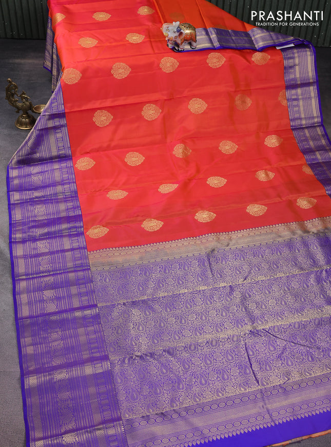 Pure kanchipuram silk saree dual shade of orange and blue with zari woven buttas and long zari woven korvai border