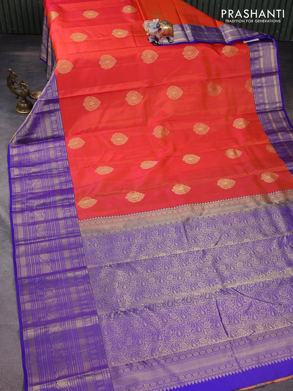 Pure kanchipuram silk saree dual shade of orange and blue with zari woven buttas and long zari woven korvai border