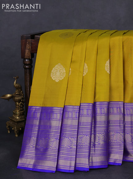 Pure kanchipuram silk saree mustard yellow and blue with zari woven buttas and long zari woven korvai border