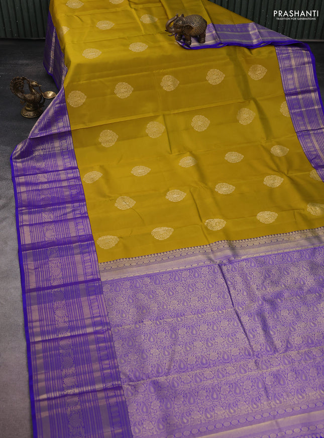 Pure kanchipuram silk saree mustard yellow and blue with zari woven buttas and long zari woven korvai border