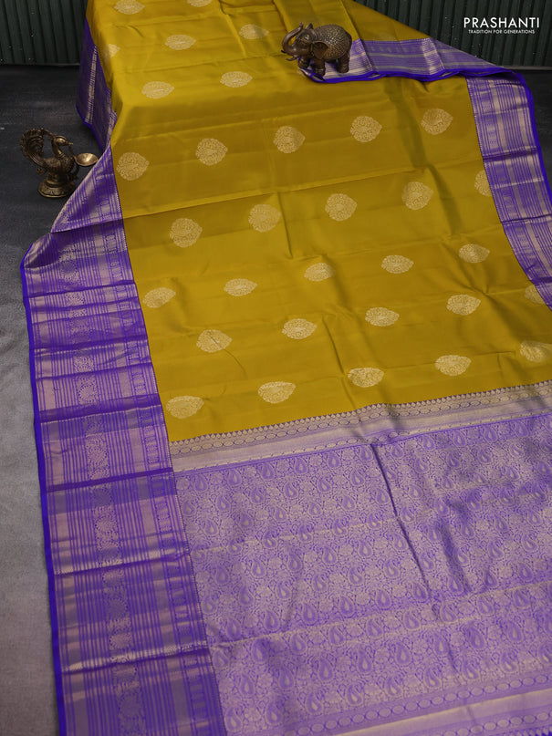 Pure kanchipuram silk saree mustard yellow and blue with zari woven buttas and long zari woven korvai border