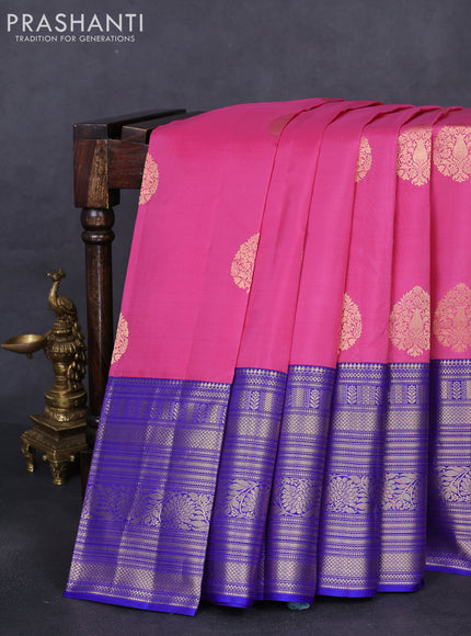 Pure kanchipuram silk saree light pink and blue with zari woven buttas and long zari woven korvai border