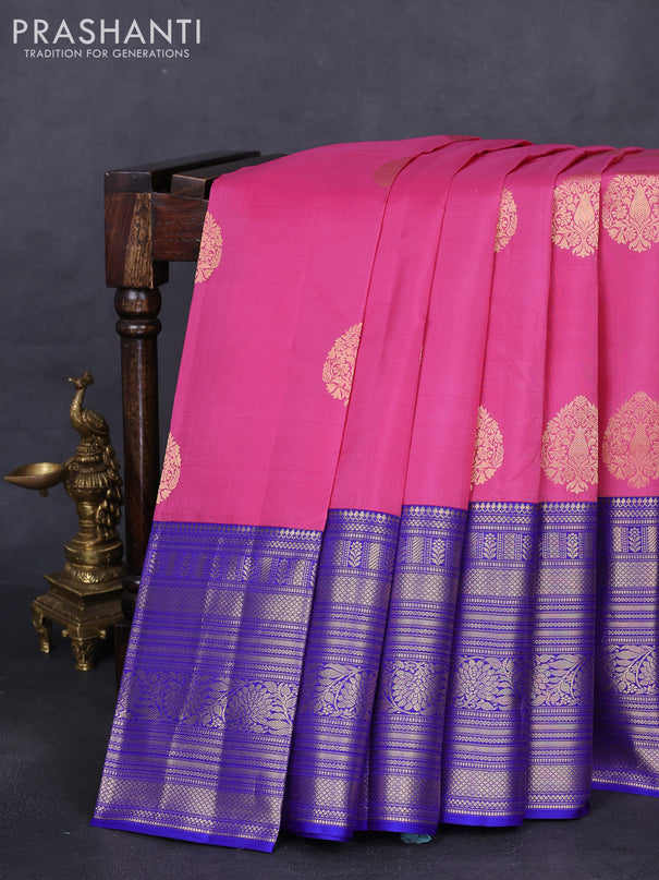 Pure kanchipuram silk saree light pink and blue with zari woven buttas and long zari woven korvai border