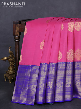 Pure kanchipuram silk saree light pink and blue with zari woven buttas and long zari woven korvai border