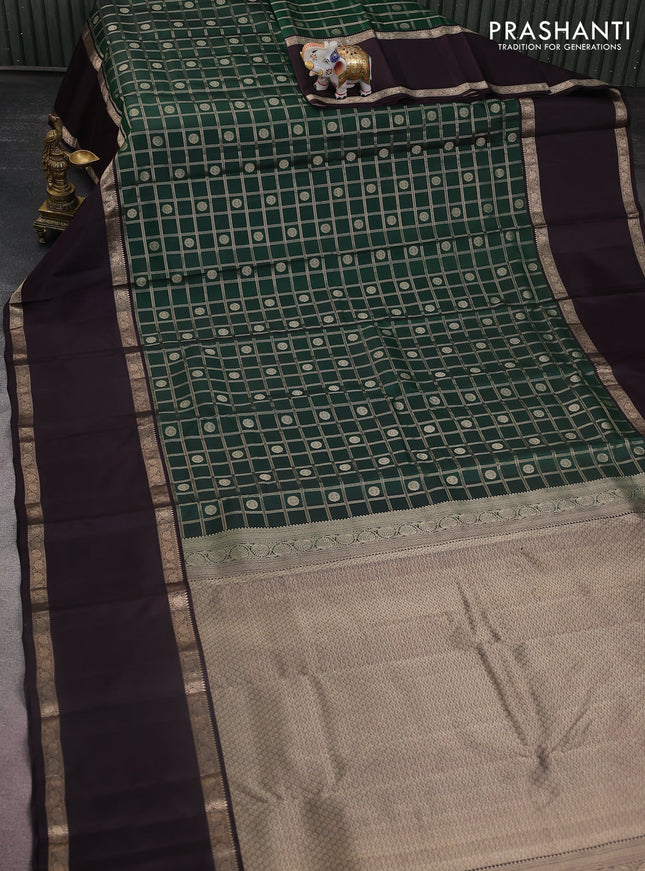 Pure kanchipuram silk saree bottle green and wine shade with allover zari checks & buttas and long rettapet zari woven border