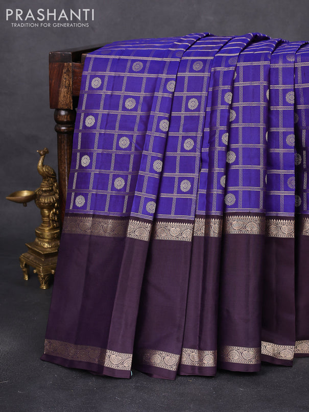 Pure kanchipuram silk saree blue and wine shade with allover zari checks & buttas and long rettapet zari woven border