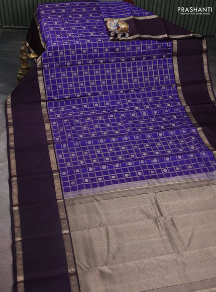 Pure kanchipuram silk saree blue and wine shade with allover zari checks & buttas and long rettapet zari woven border