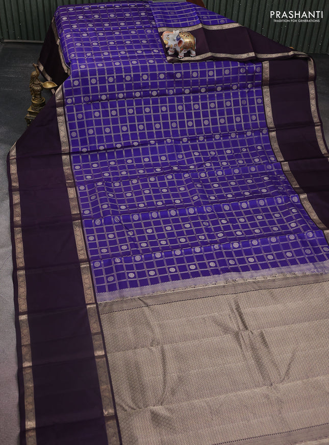 Pure kanchipuram silk saree blue and wine shade with allover zari checks & buttas and long rettapet zari woven border