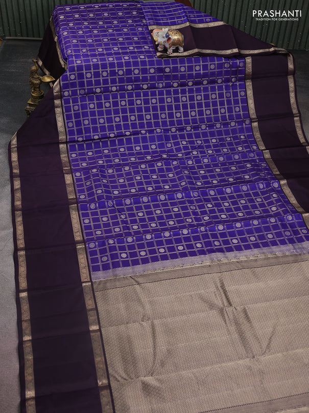 Pure kanchipuram silk saree blue and wine shade with allover zari checks & buttas and long rettapet zari woven border