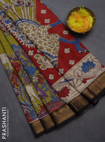 Kalamkari semi silk saree light green and black with allover prints and zari woven border