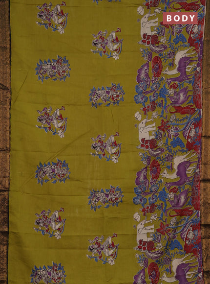 Kalamkari semi silk saree light green and black with allover prints and zari woven border