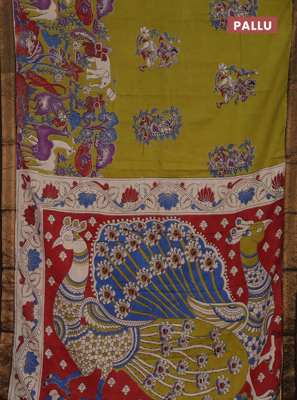 Kalamkari semi silk saree light green and black with allover prints and zari woven border